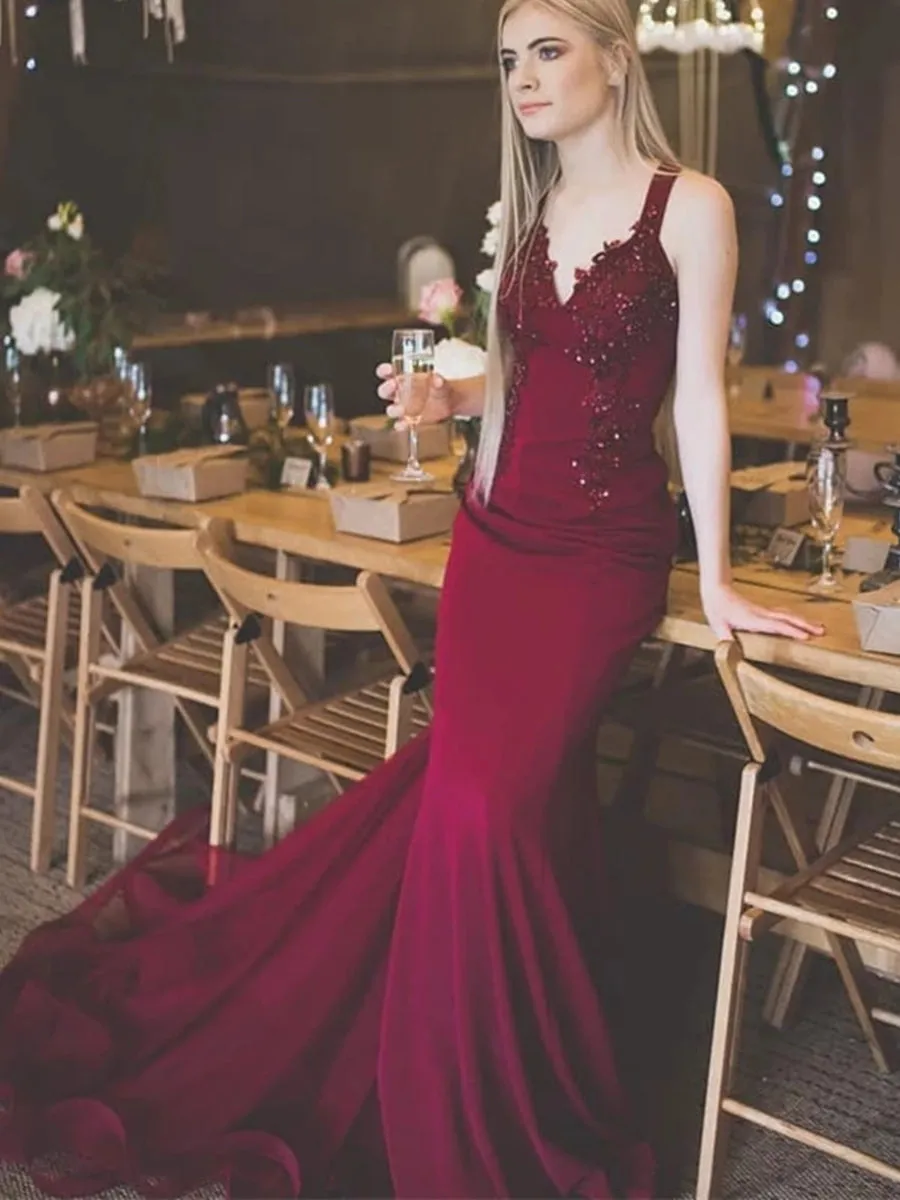 Unique V Neck Mermaid Beaded Lace Burgundy Long Prom, Mermaid Lace Burgundy Formal Graduation Evening