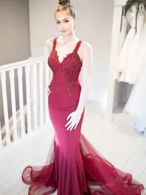 Unique V Neck Mermaid Beaded Lace Burgundy Long Prom, Mermaid Lace Burgundy Formal Graduation Evening