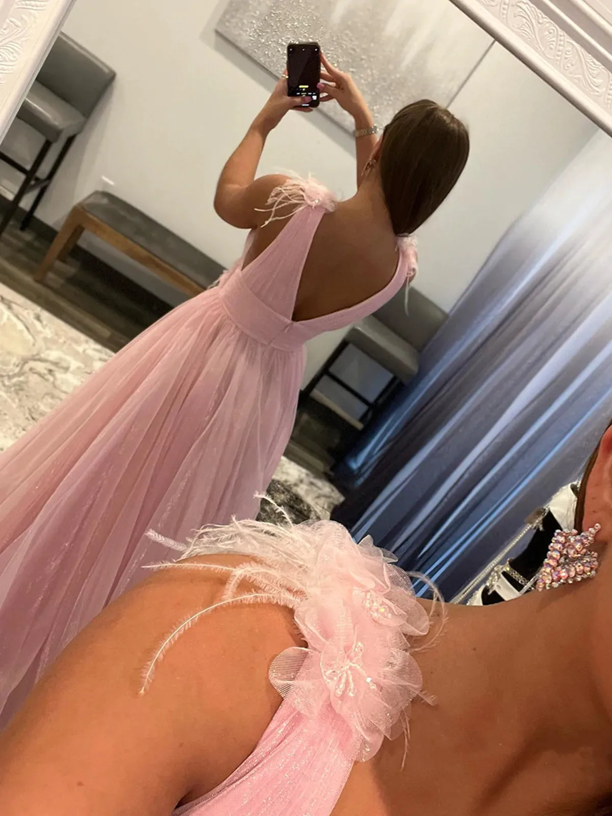 V Neck and V Back Pink Tulle Long Prom Dresses, V Neck Pink Formal Graduation Evening Dresses