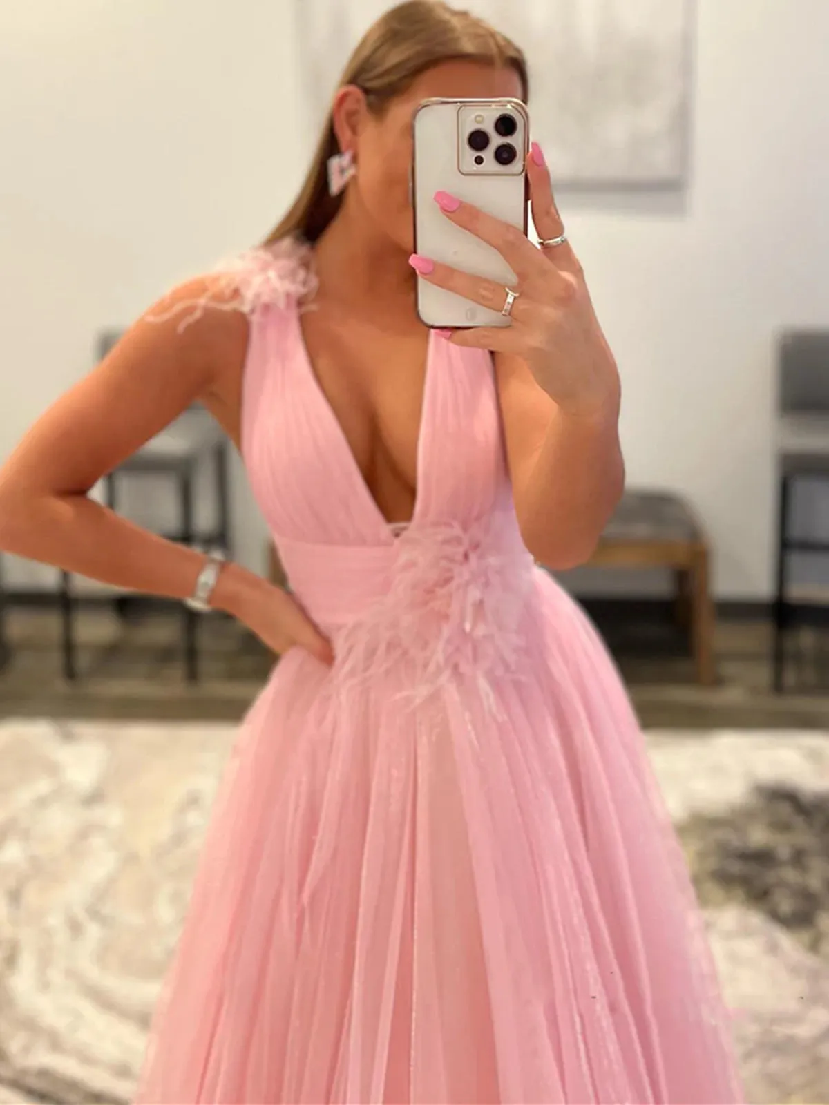 V Neck and V Back Pink Tulle Long Prom Dresses, V Neck Pink Formal Graduation Evening Dresses