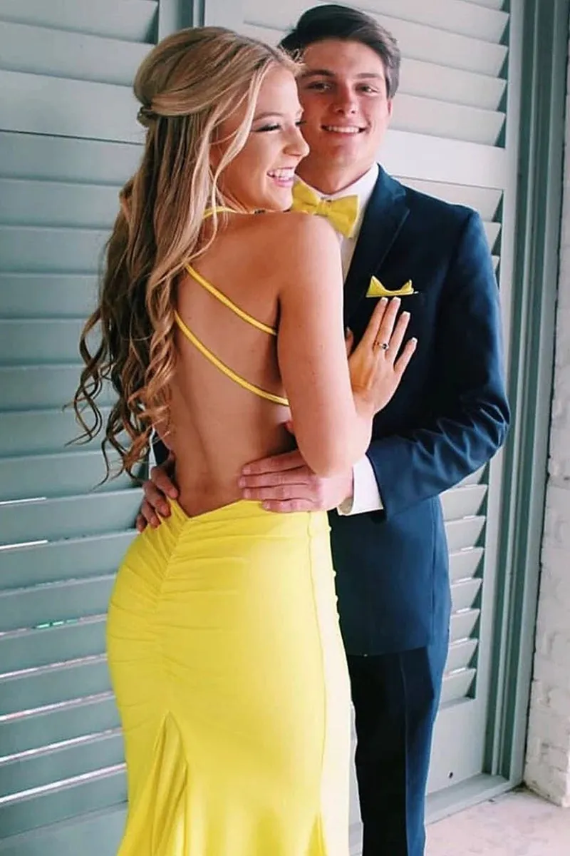 V Neck Backless Mermaid Yellow Prom Dress with Train, Backless Yellow Formal Dress, Mermaid Yellow Evening Dress