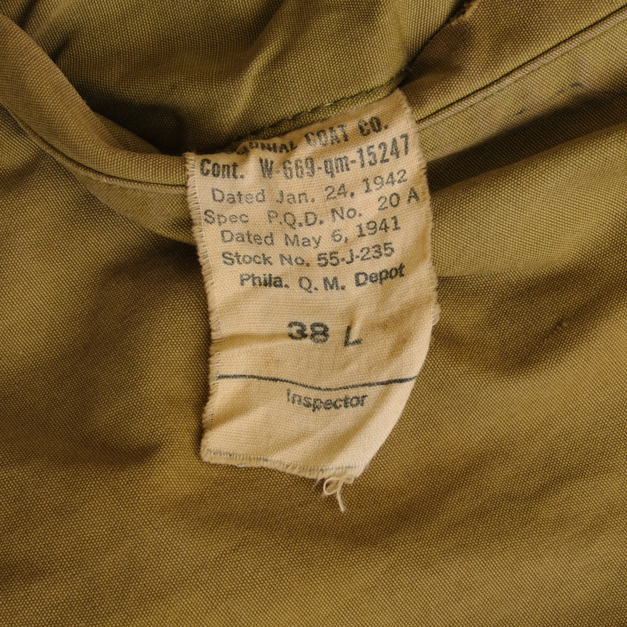 VINTAGE US ARMY FIELD JACKET M-1941 M41 Jan 24 1942 WW2 SIZE 38L