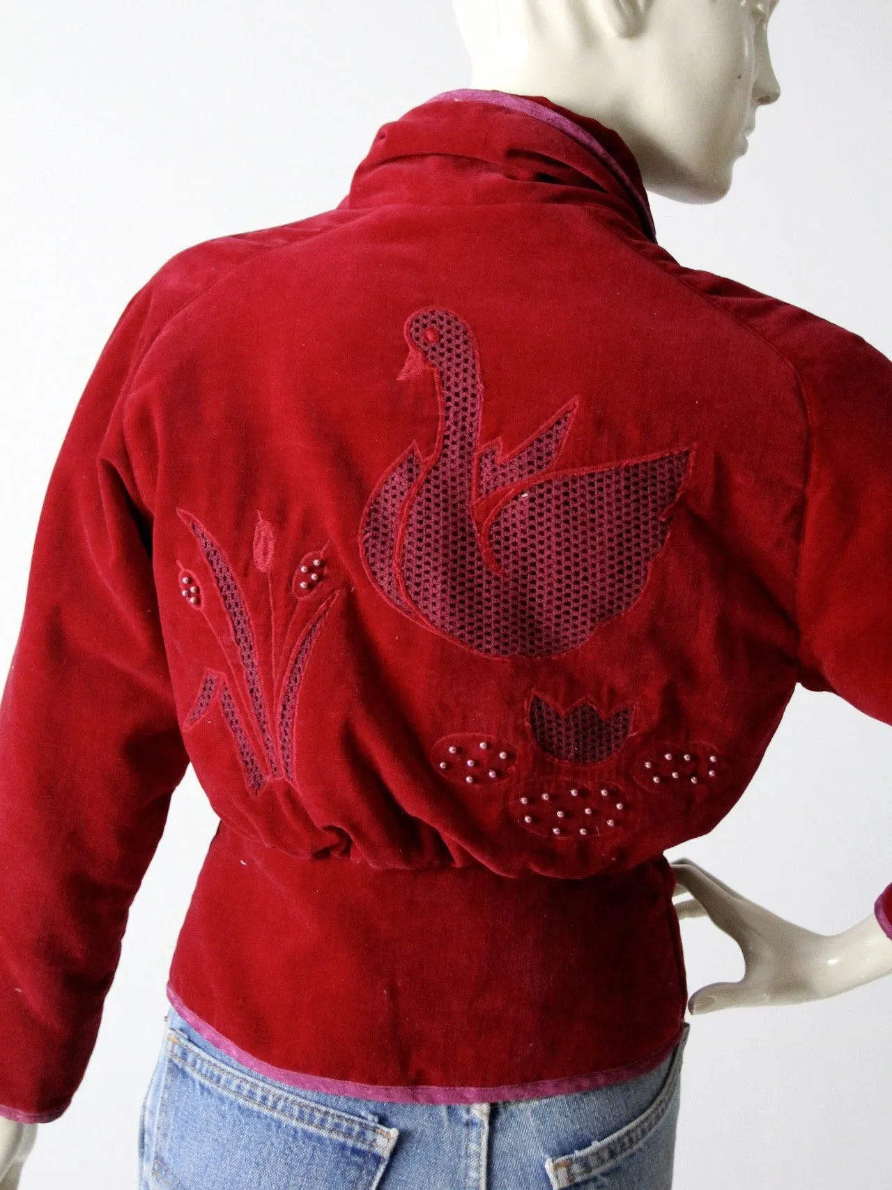 vintage velvet jacket with swan appliqué