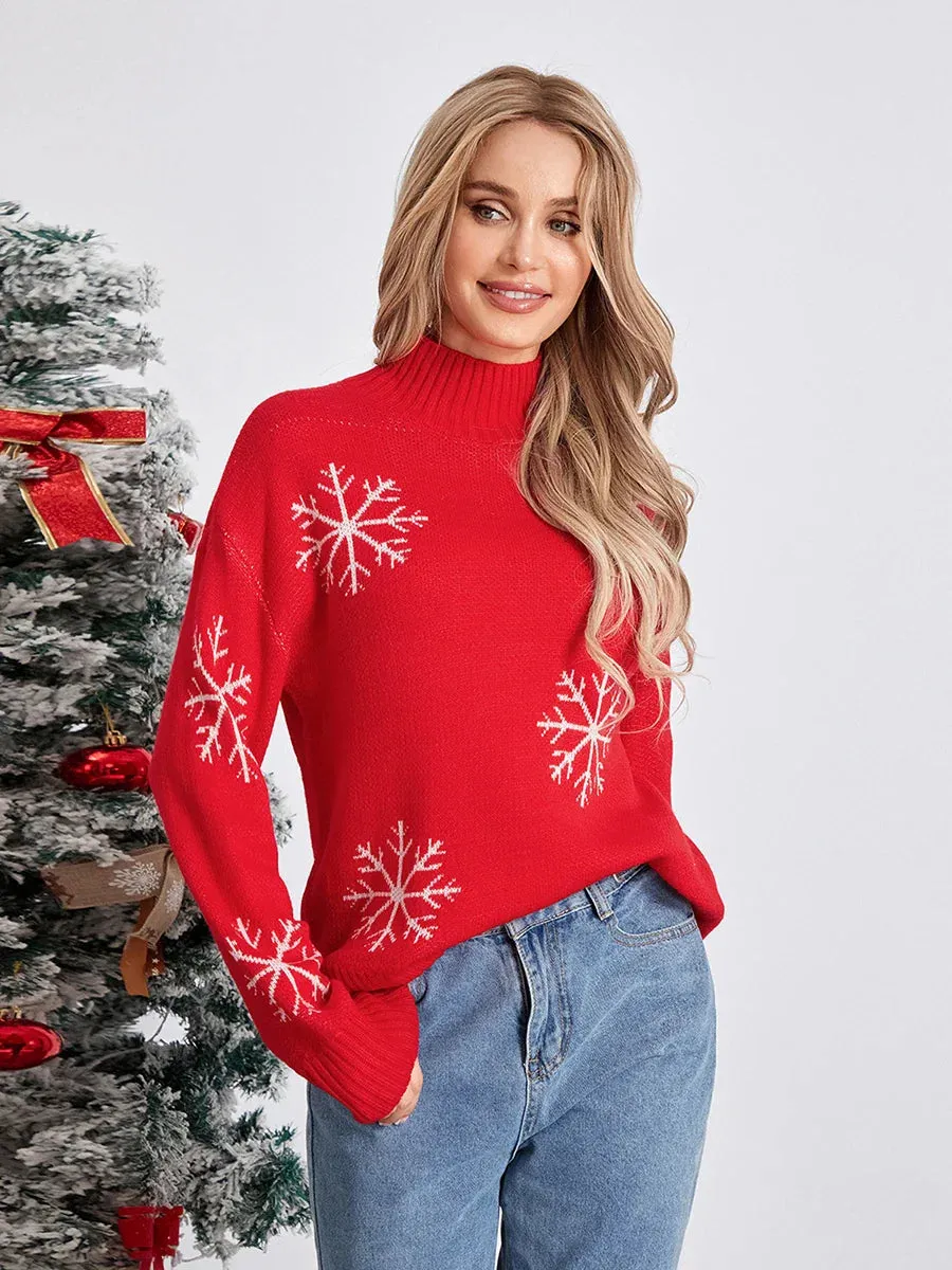 Wenkouban-Christmas Thanksgiving outfits_Jacquard Snowflake Long Sleeve TurtleNeck Loose Knit Christmas Sweater