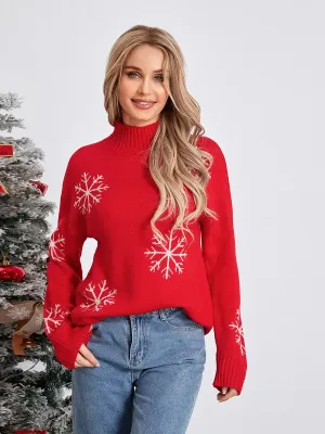 Wenkouban-Christmas Thanksgiving outfits_Jacquard Snowflake Long Sleeve TurtleNeck Loose Knit Christmas Sweater