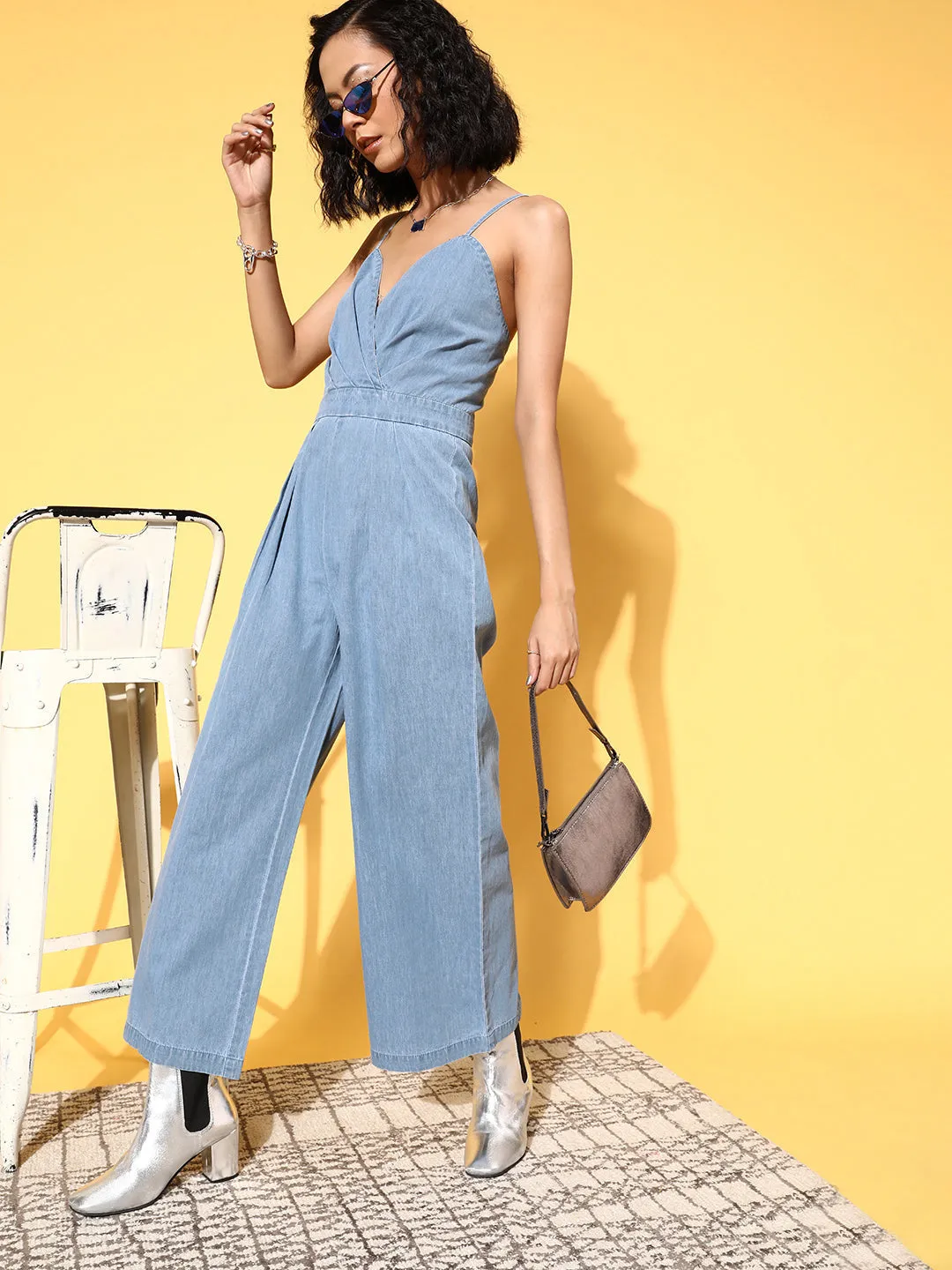 Women Blue Pleated Wrap Tencel Jumpsuit