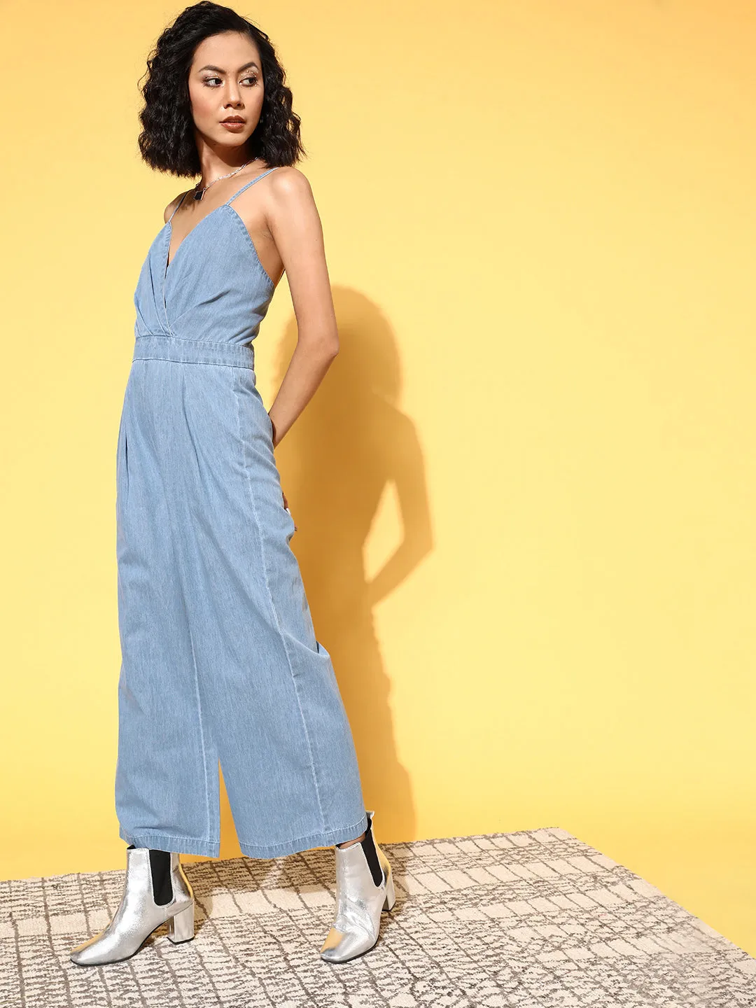 Women Blue Pleated Wrap Tencel Jumpsuit