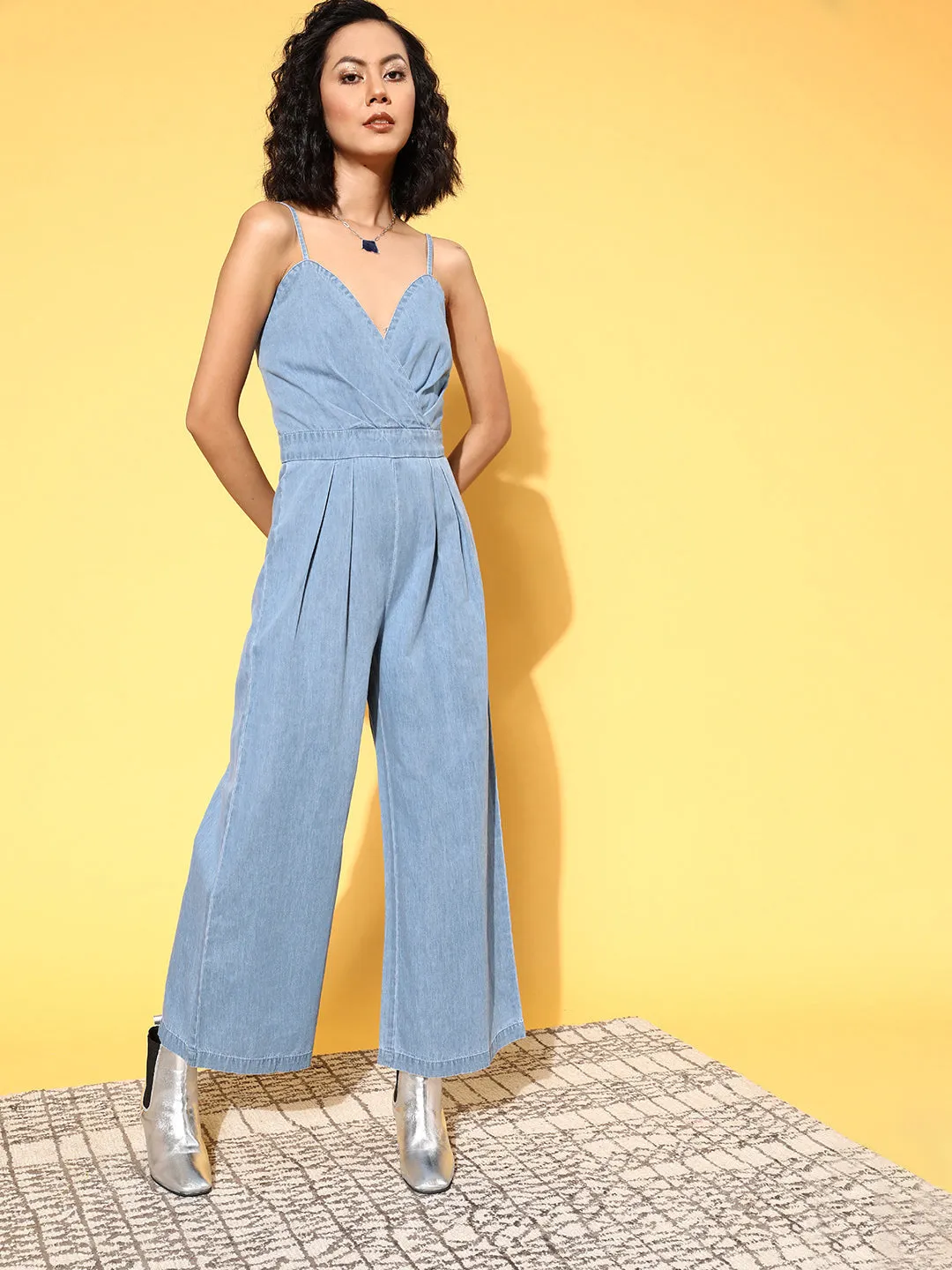 Women Blue Pleated Wrap Tencel Jumpsuit