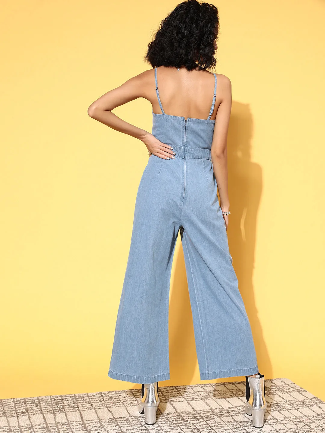 Women Blue Pleated Wrap Tencel Jumpsuit