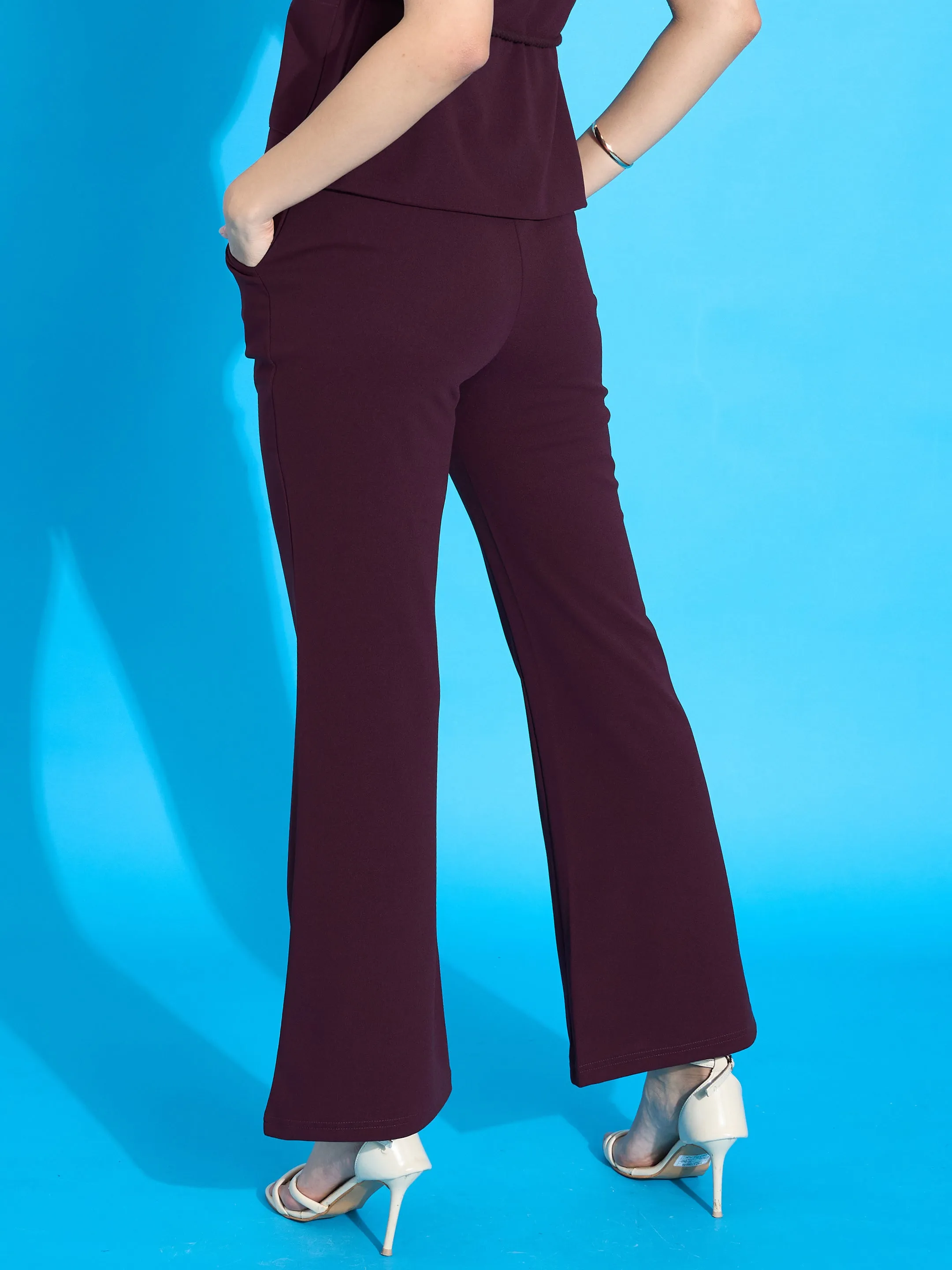 Women Burgundy Bell Bottom Slim Pants