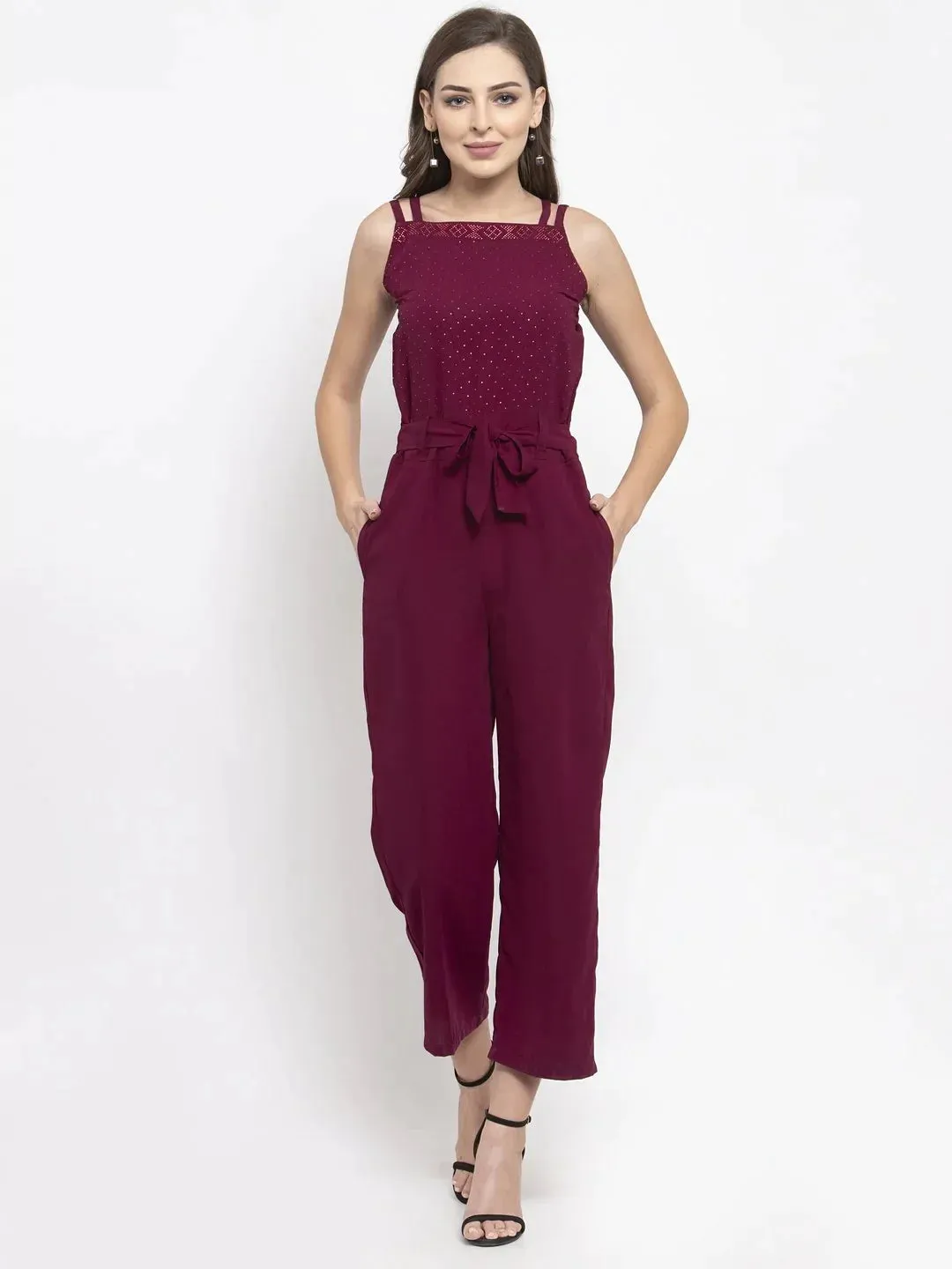 Women Purple Solid Embellished Jumpsuit