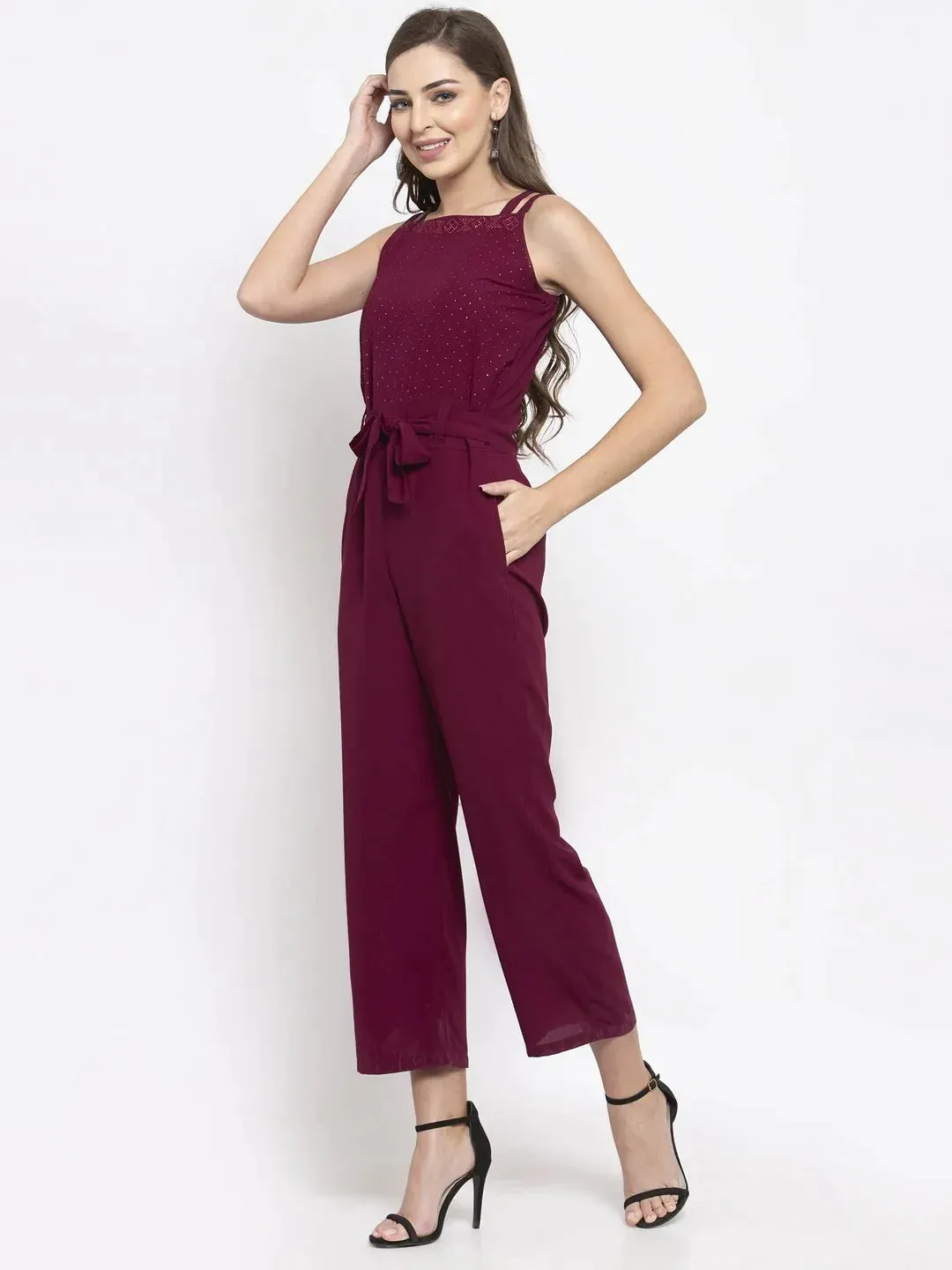 Women Purple Solid Embellished Jumpsuit