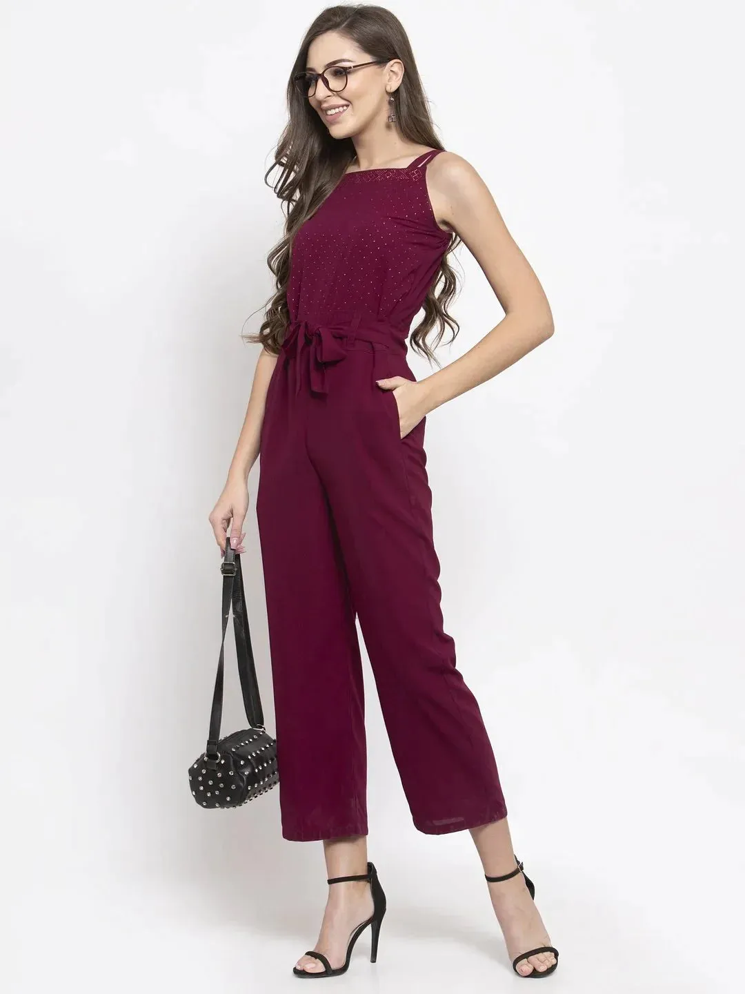 Women Purple Solid Embellished Jumpsuit