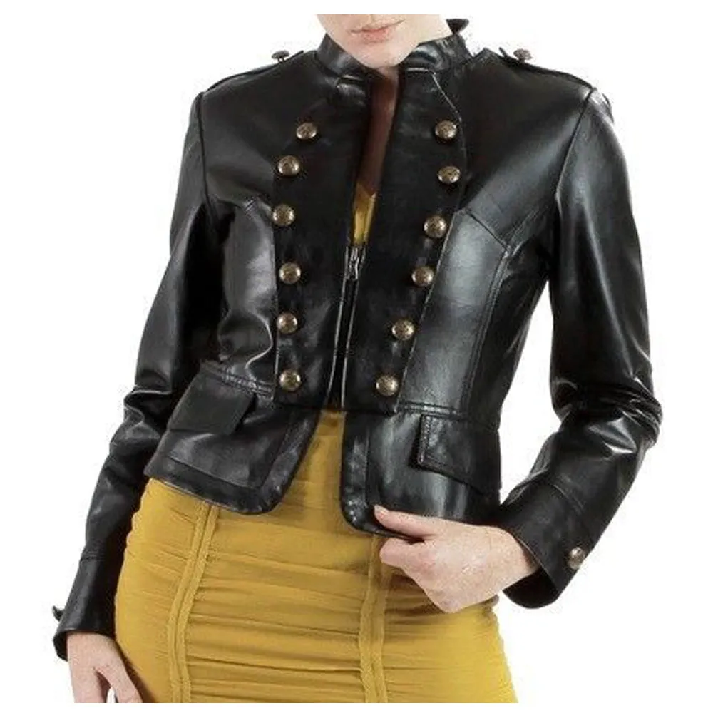 Women Short Body Military Lambskin Leather Jacket