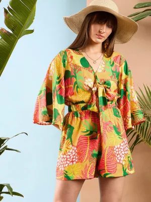 Women Yellow Floral Front Tie Knot Playsuit