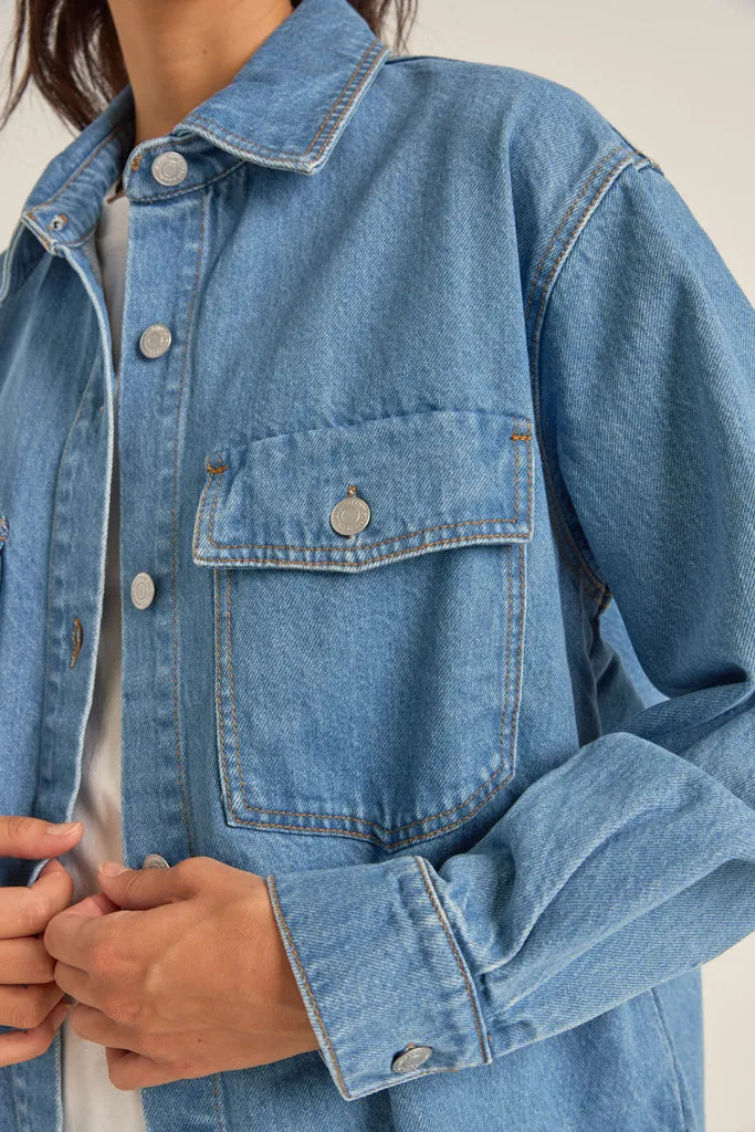 Women's Oversized Denim Shacket - Washed Blue