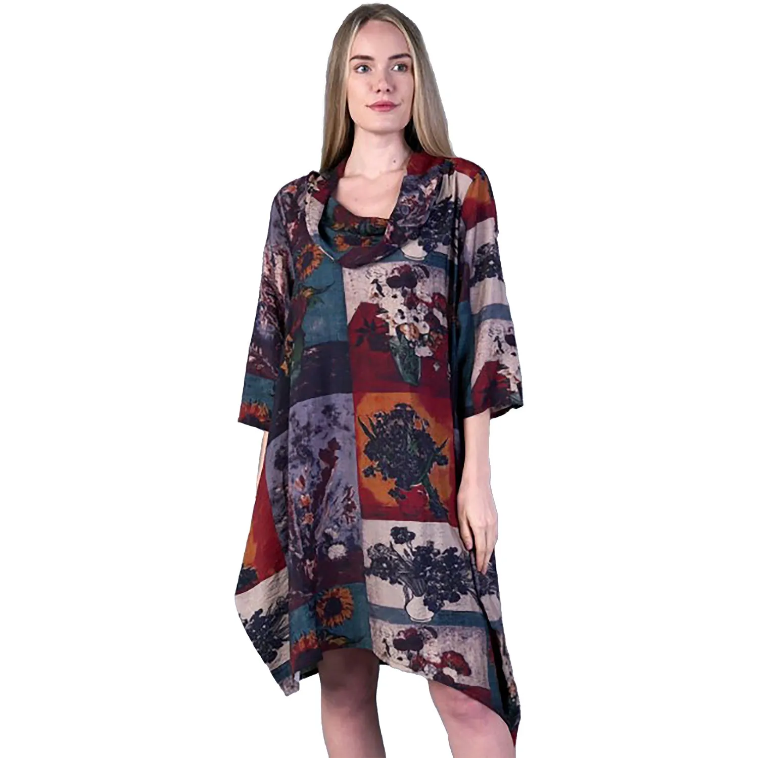 Women's Shana Apparel Floral Cowl Neck Dress Burgundy