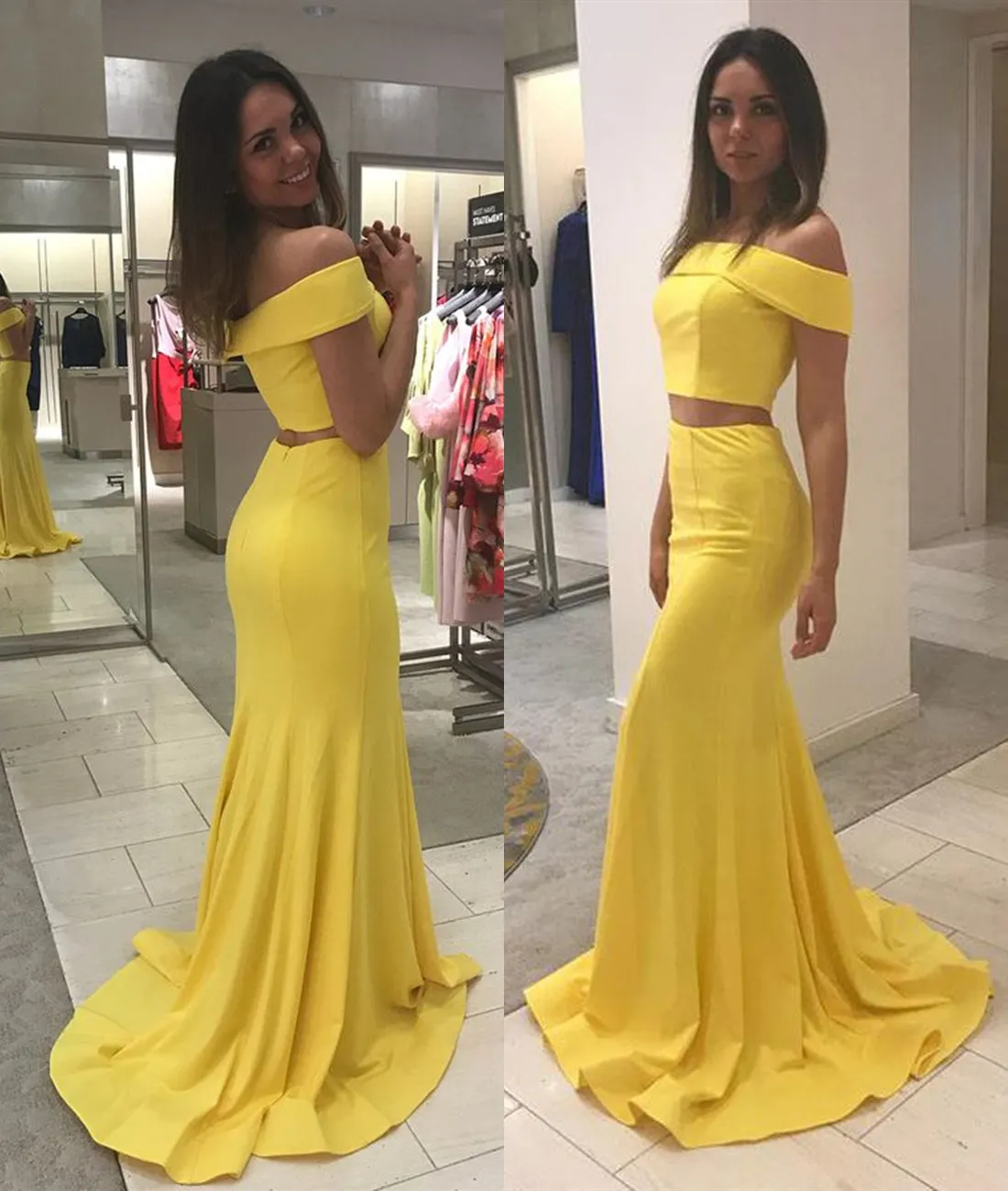 Yellow Off Shoulder Two Pieces Mermaid Long Prom Dresses, Yellow Mermaid Evening Dresses Formal Dresses, Yellow Graduation Dresses